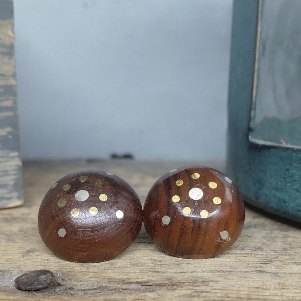 Vintage Wooden Stud Earrings with Gold and Silver Accents